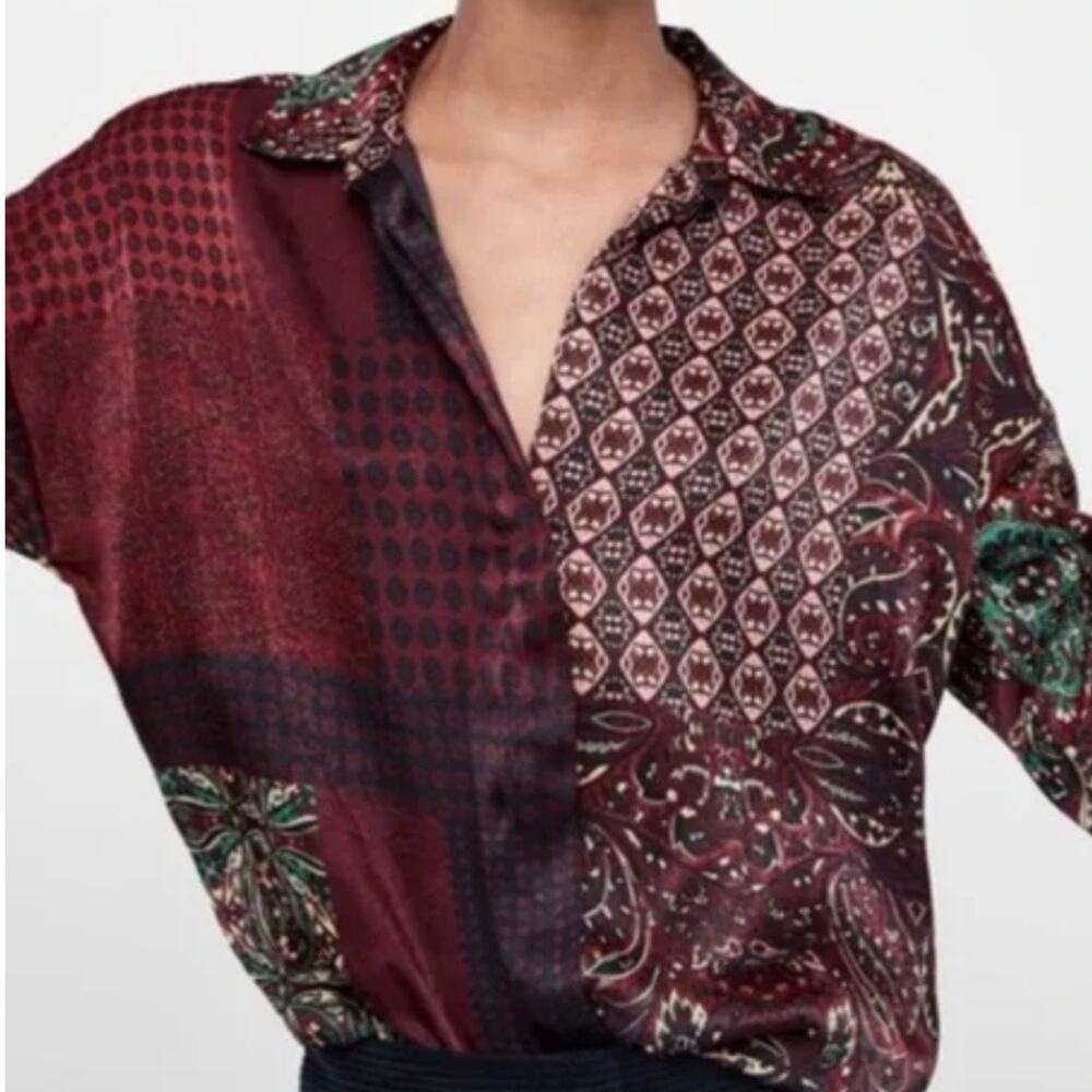 Zara SZ S Red Green Holiday Blouse Button Down Top - Picture 1 of 7